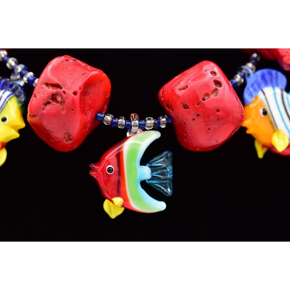 Vintage Art Glass Fish Necklace Red Coral Beads Tropical Ocean Statement BinY